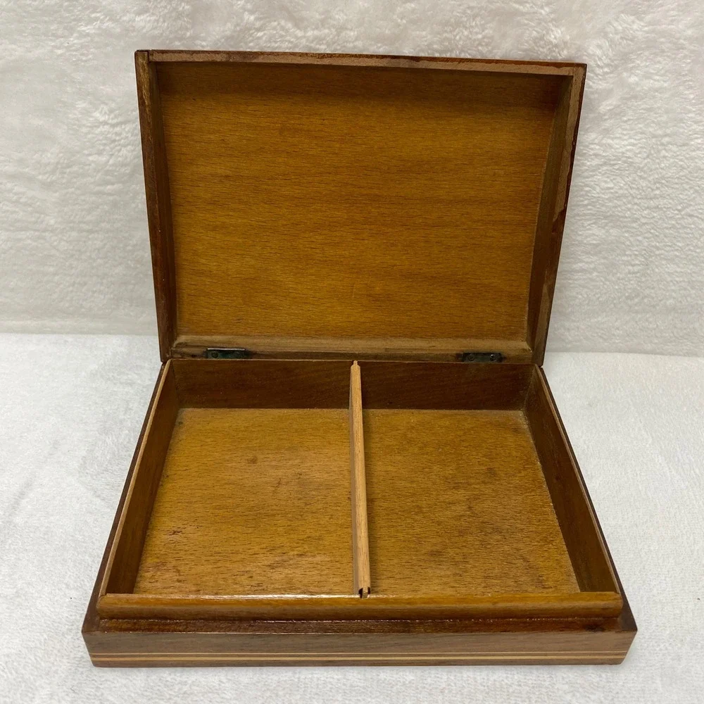 VTG Wooden Jewelry Trinket Box Intricate Floral Inlay Hinged Lidded Compartments